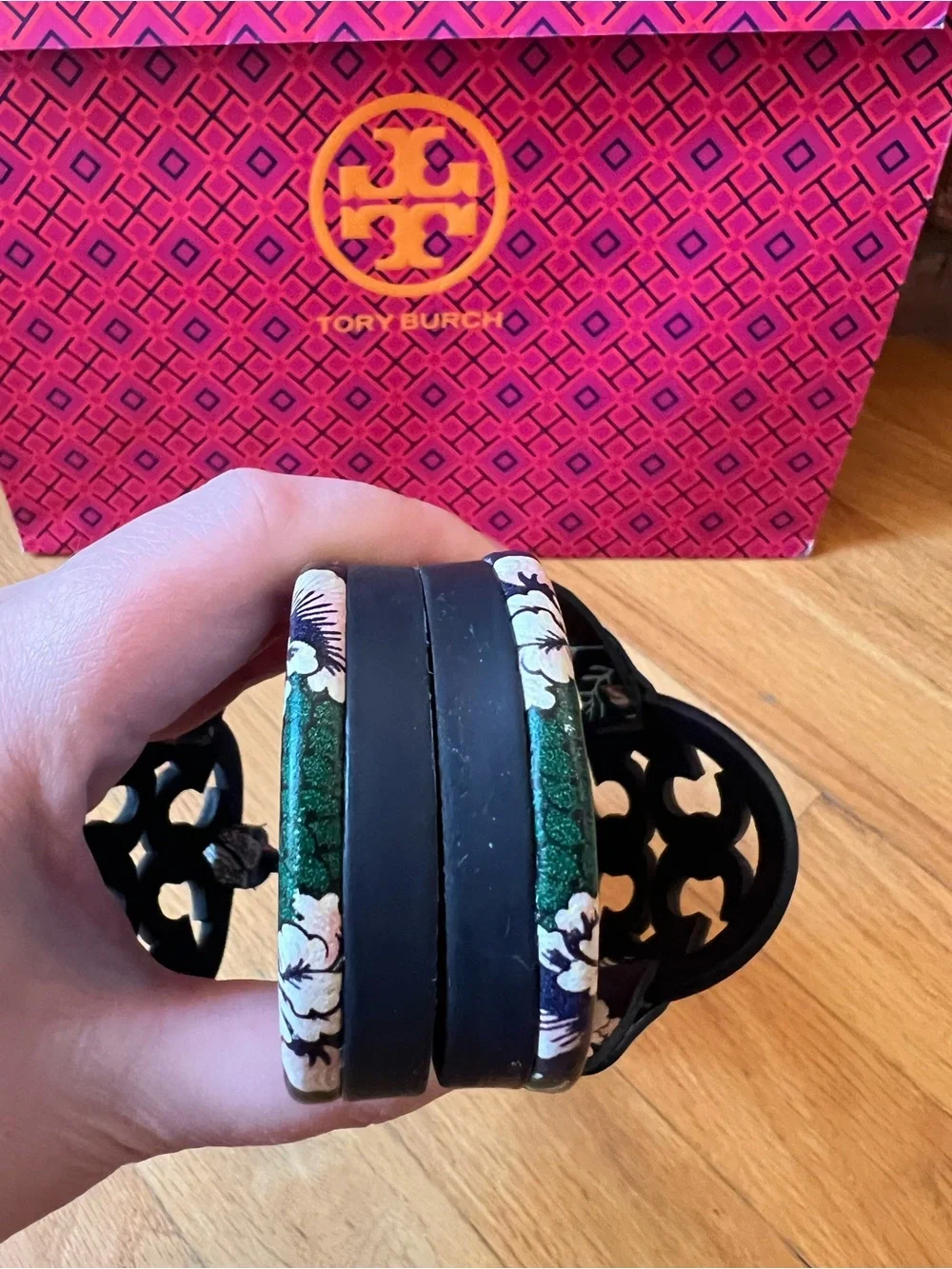 Tory Burch Happy Times Navy Floral Printed Tumbled Leather Miller Sandals